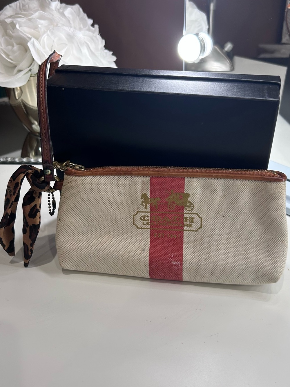 Coach Cream Canvas Wristlet with Red Stripe and Brown Trim